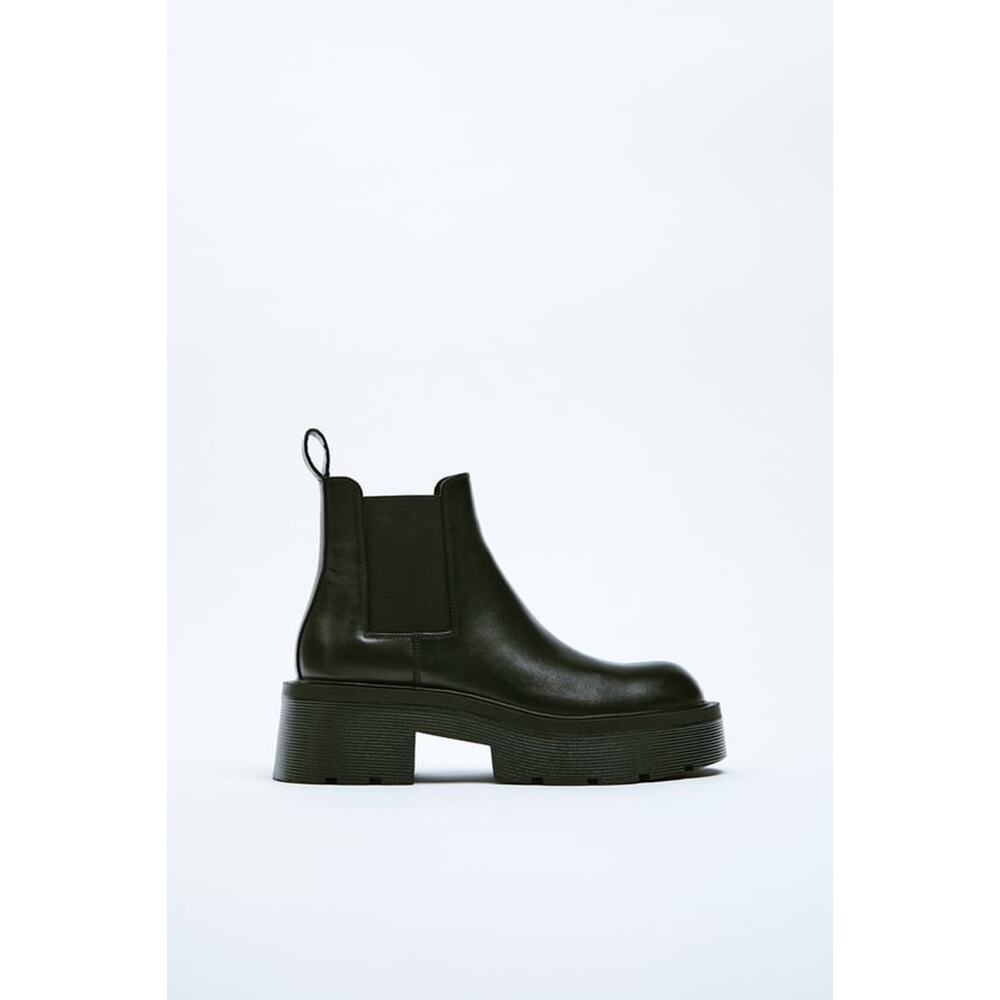 Zara Leather Mid Heel Ankle Boots W/ Track Sole - 37 US 6.5 Black